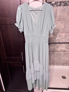 Light Sage Tiered V-Neck Hi-low Dress